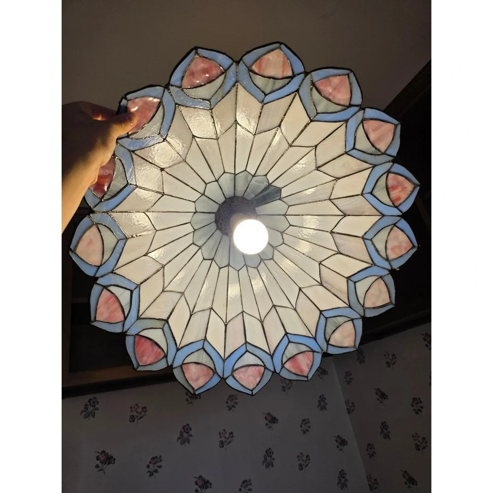 Tiffany Style Stained Glass Pendant Light Peacock Feather Slag Glass Lamp Cream